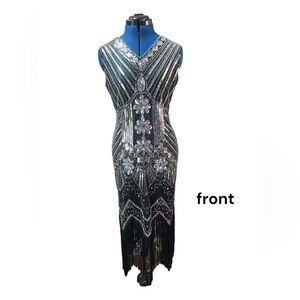Fun flapper dress, black base, silver and blue glass beading.
